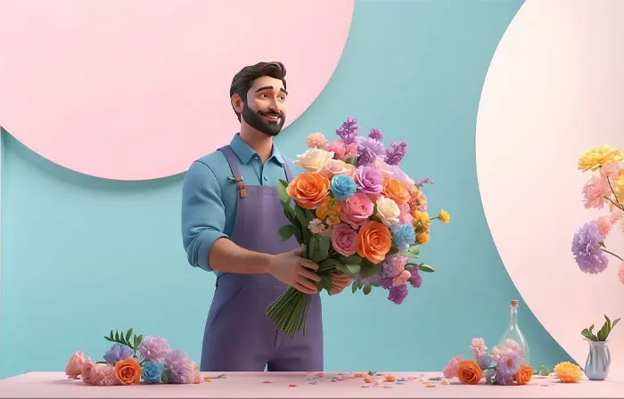 Male Florist Arranging Flowers 3D Design Illustration